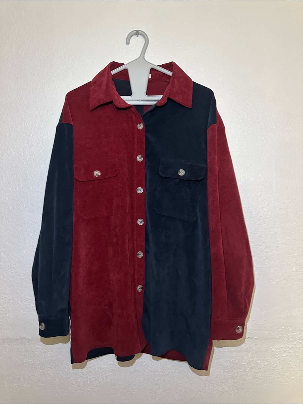 ROMWE Two-Tone Suede Shirt Jacket - Burgundy & Navy